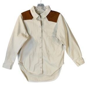 Lucette Cotton Retro Pearl Snap Button Shirt Cream and Tan Womens Size XS